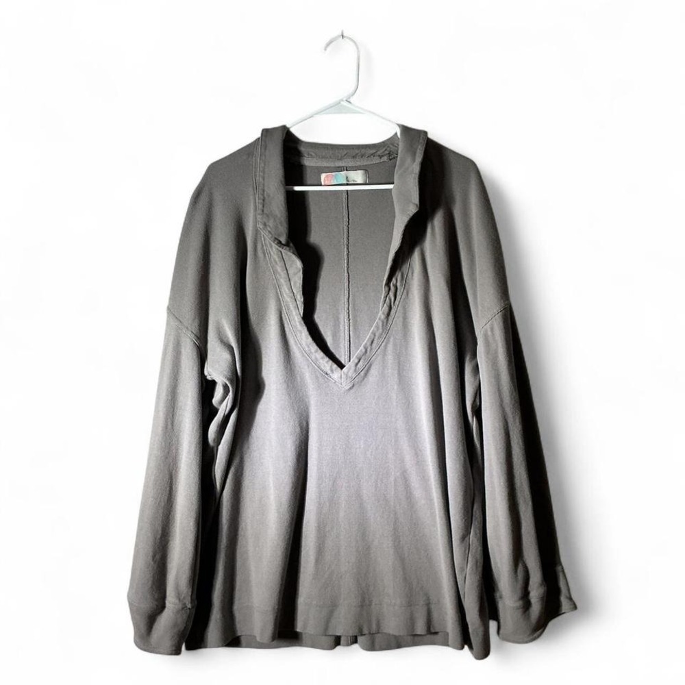 Free People Beach Womens Oversized Deep V-Neck Ribbed Pullover Top Grey M
